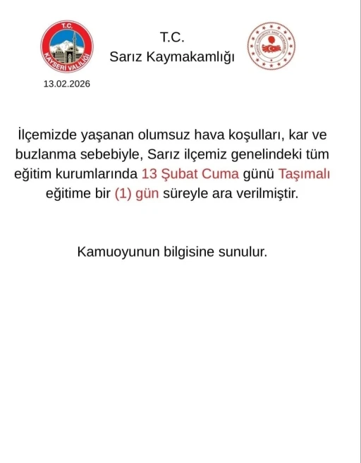 Sarız&rsquo;da taşımalı eğitime 1 g&uuml;n ara verildi
