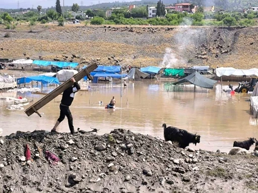 Selle birlikte sular altında kalan pazarda hayvanları kurtarmak i&ccedil;in &ccedil;alışmalar s&uuml;r&uuml;yor
