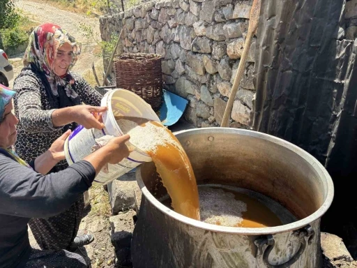 Servi k&ouml;y&uuml;nde asırlık gelenek yaşatılıyor: Dut pekmezi b&uuml;y&uuml;k emeklerle hazırlanıyor
