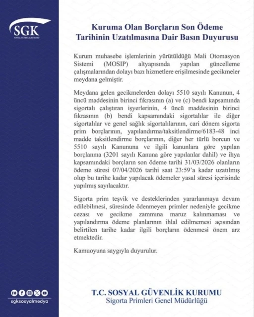 SGK bilgisayar sistemindeki arıza sebebiyle bor&ccedil;ların son &ouml;deme tarihini uzattı
