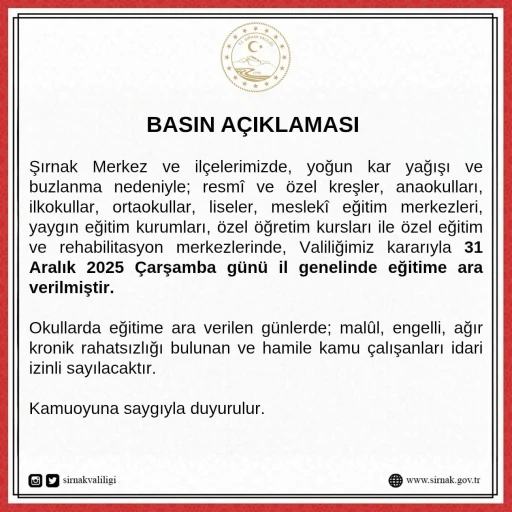 Şırnak&rsquo;ta okullar &ccedil;arşamba g&uuml;n&uuml; tatil edildi
