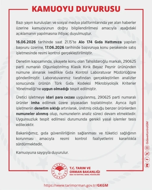 Tahsildaroğlu&rsquo;nun bir parti beyaz peyniri piyasadan toplatıldı

