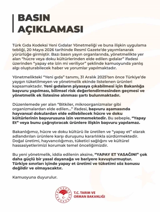 Tarım ve Orman Bakanlığı: "T&uuml;rkiye sınırları i&ccedil;inde yapay et &uuml;retimi ve t&uuml;ketimi s&ouml;z konusu değildir"
