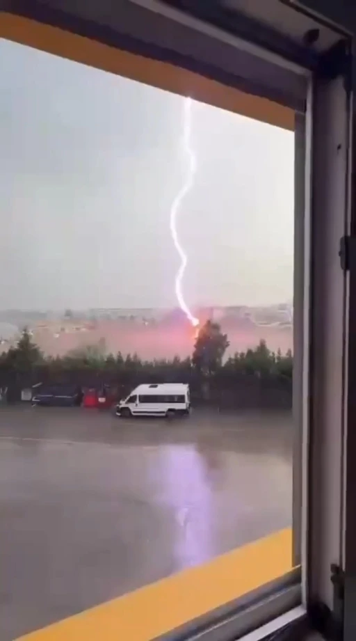 Tekirdağ&rsquo;da palmiye ağacına yıldırım d&uuml;şt&uuml;, alev alev yandı
