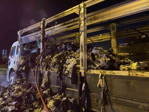 TEM otoyolunda tekstil y&uuml;kl&uuml; kamyon alev aldı
