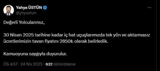 THY’de yeni tavan fiyat
