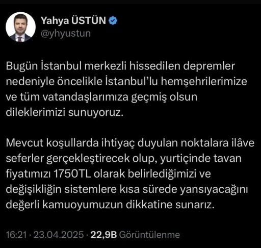 THY’den deprem sonrası bilet düzenlemesi
