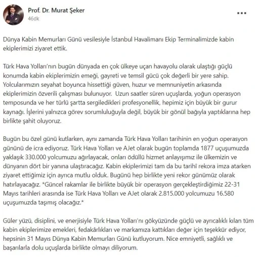THY Y&ouml;netim Kurulu Başkanı Murat Şeker, D&uuml;nya Kabin Memurları G&uuml;n&uuml;&rsquo;n&uuml; kutladı
