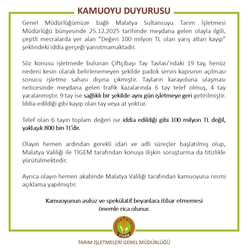 TİGEM&rsquo;den &rsquo;değeri 100 milyon lira olan yarış atları kayıp&rsquo; iddialarına yalanlama
