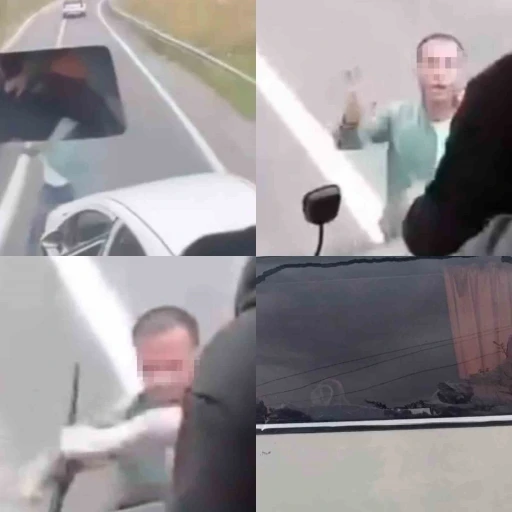 Trafikte yol kesme anları kamerada: Otobüse zarar verdiler

