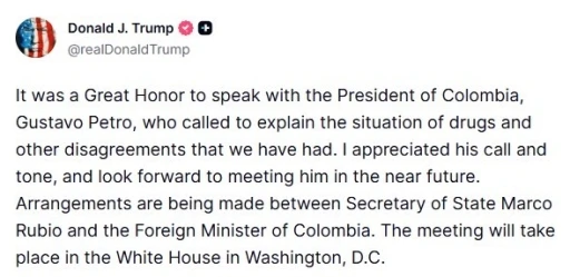 Trump, Kolombiya Devlet Başkanı Petro ile telefonda konuştuğunu duyurdu: "Beni aramasını ve &uuml;slubunu takdir ettim"
