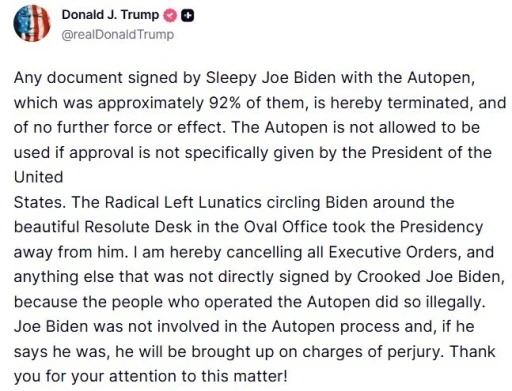 Trump, Selefi Biden’ın kendisi tarafından imzalanmadığını öne sürdüğü tüm başkanlık kararnamelerini iptal etti
