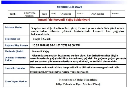 Tunceli i&ccedil;in kuvvetli kar yağışı uyarısı
