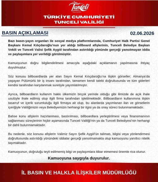 Tunceli Valiliğinden afiş a&ccedil;ıklaması

