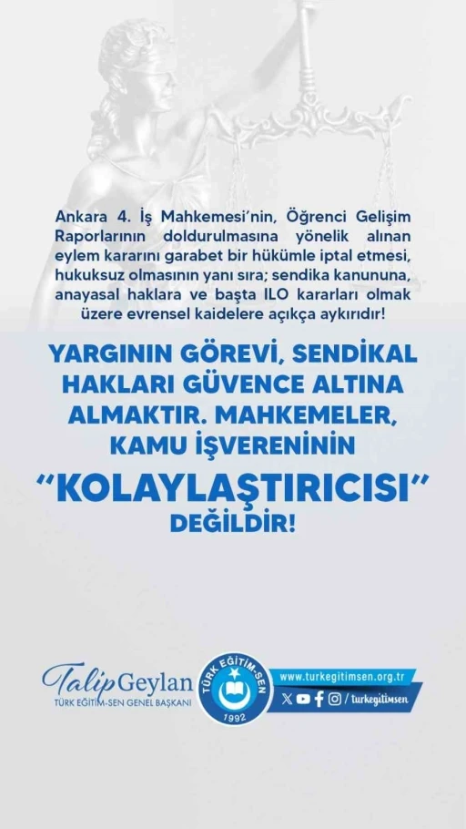 T&uuml;rk Eğitim-Sen Genel Başkanı Geylan: "Mahkemeler, kamu işvereninin kolaylaştırıcısı değildir"
