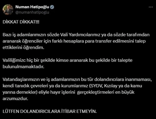 Vali Hatipoğlu’ndan dolandırıcılık olaylarına karşı uyarı
