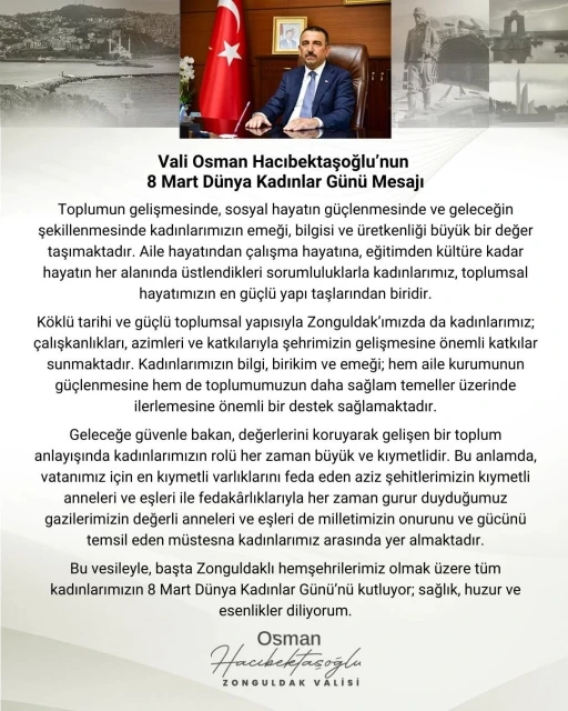 Vali Osman Hacıbektaşoğlu&rsquo;ndan 8 Mart mesajı: "Kadınlarımız toplumsal hayatın en g&uuml;&ccedil;l&uuml; yapı taşlarıdır"
