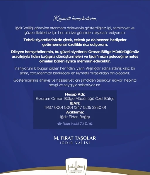 Vali Taşolar&rsquo;dan tebrikler i&ccedil;in anlamlı &ccedil;ağrı: "&Ccedil;i&ccedil;ek yerine fidan bağışı"
