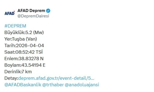 Van&rsquo;da 5.2 b&uuml;y&uuml;kl&uuml;ğ&uuml;nde deprem
