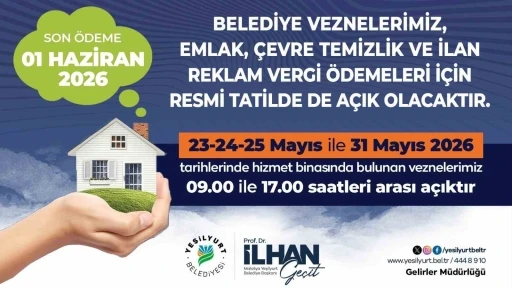 Yeşilyurt Belediyesi vezneleri vergi &ouml;demeleri i&ccedil;in resmi tatilde a&ccedil;ık olacak
