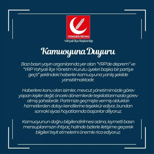YRP Kayseri İl Başkanlığı&rsquo;ndan kamuoyu a&ccedil;ıklaması
