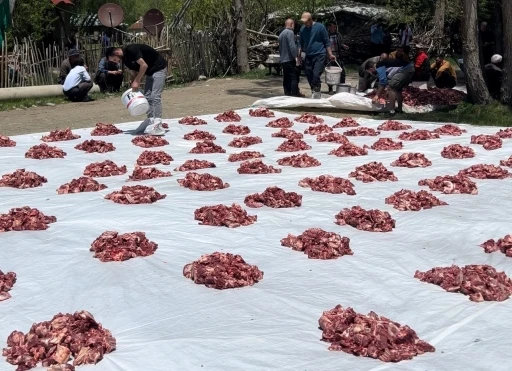 Y&uuml;ksekova&rsquo;da 100 yıllık gelenek: 140 kurban kesildi, etler t&uuml;m k&ouml;ye eşit dağıtıldı
